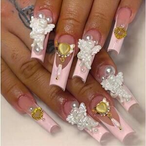 24 Set Square Coquette Angel Lolita Pink French Tip Nails